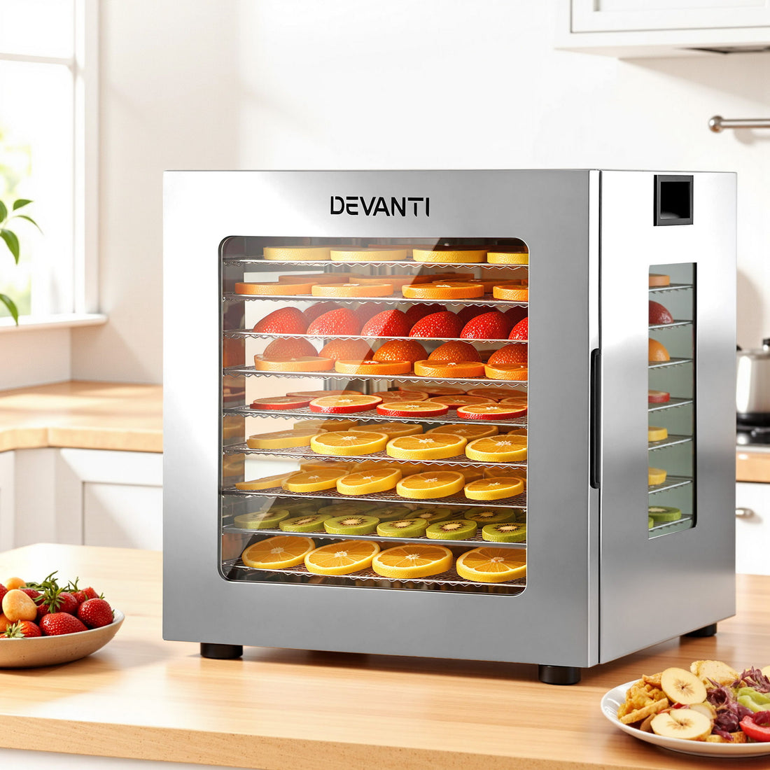 Devanti 10 Trays Food Dehydrator Stainless Steel Visible Glass Door 850W-Appliances > Kitchen Appliances > Food Dehydrators-PEROZ Accessories