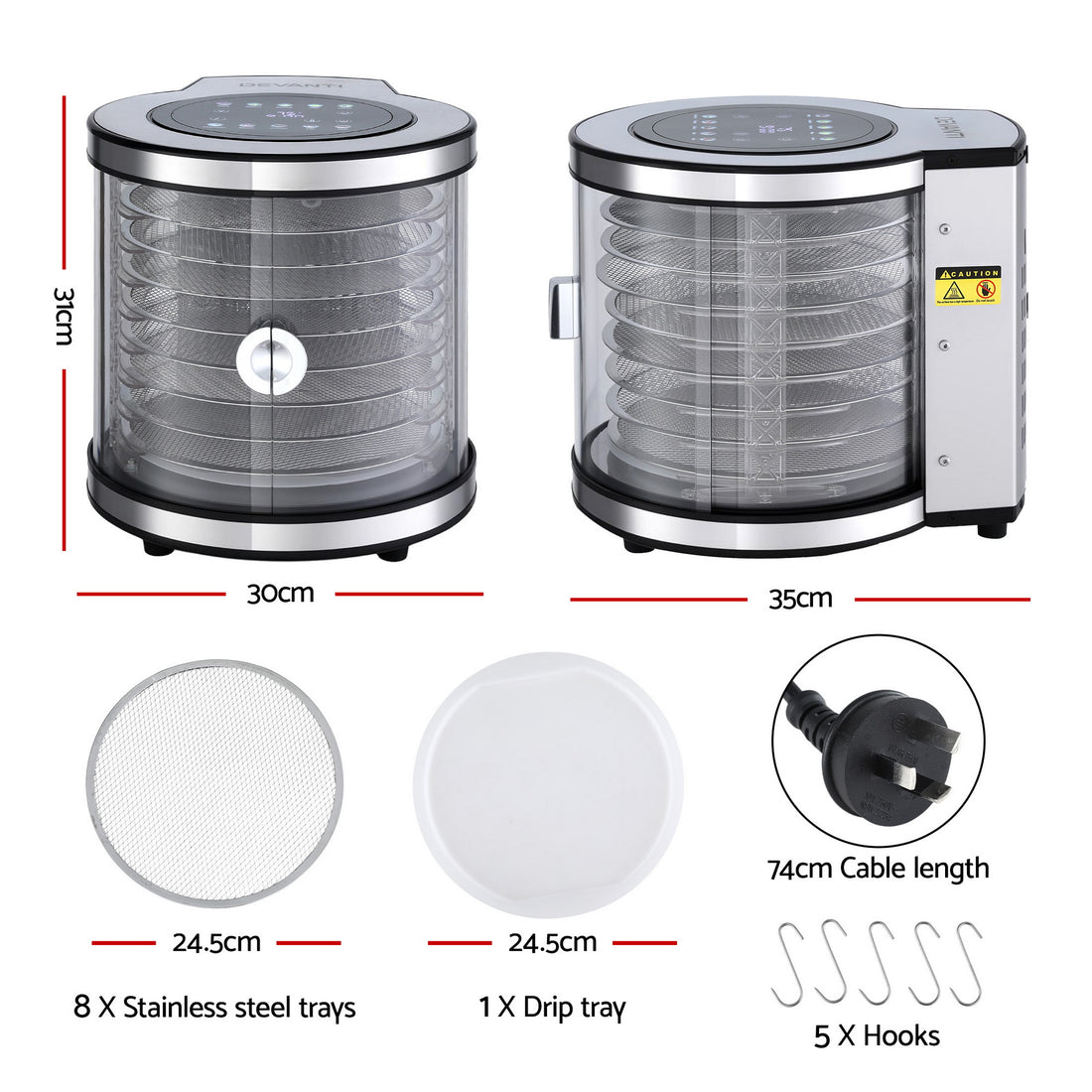 Devanti 8 Trays Food Dehydrator Stainless Steel Auto-Rotate 10 Programs 700W-Appliances > Kitchen Appliances > Food Dehydrators-PEROZ Accessories