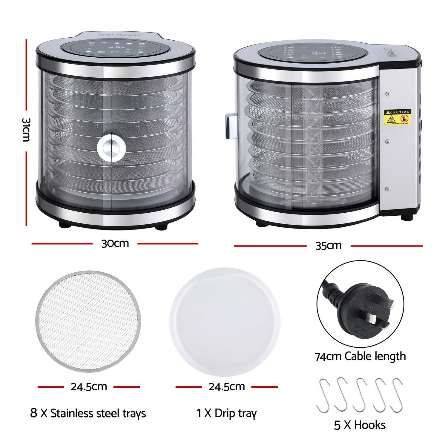 Devanti 8 Trays Food Dehydrator Stainless Steel Auto-Rotate 10 Programs 700W-Appliances > Kitchen Appliances > Food Dehydrators-PEROZ Accessories