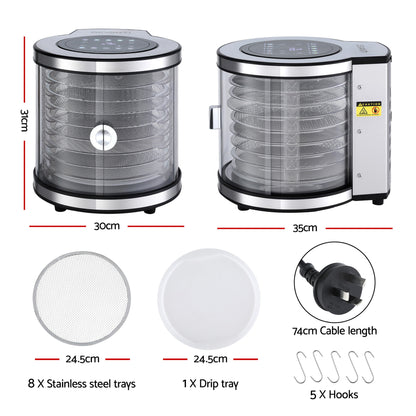 Devanti 8 Trays Food Dehydrator Stainless Steel Auto-Rotate 10 Programs 700W-Appliances > Kitchen Appliances > Food Dehydrators-PEROZ Accessories
