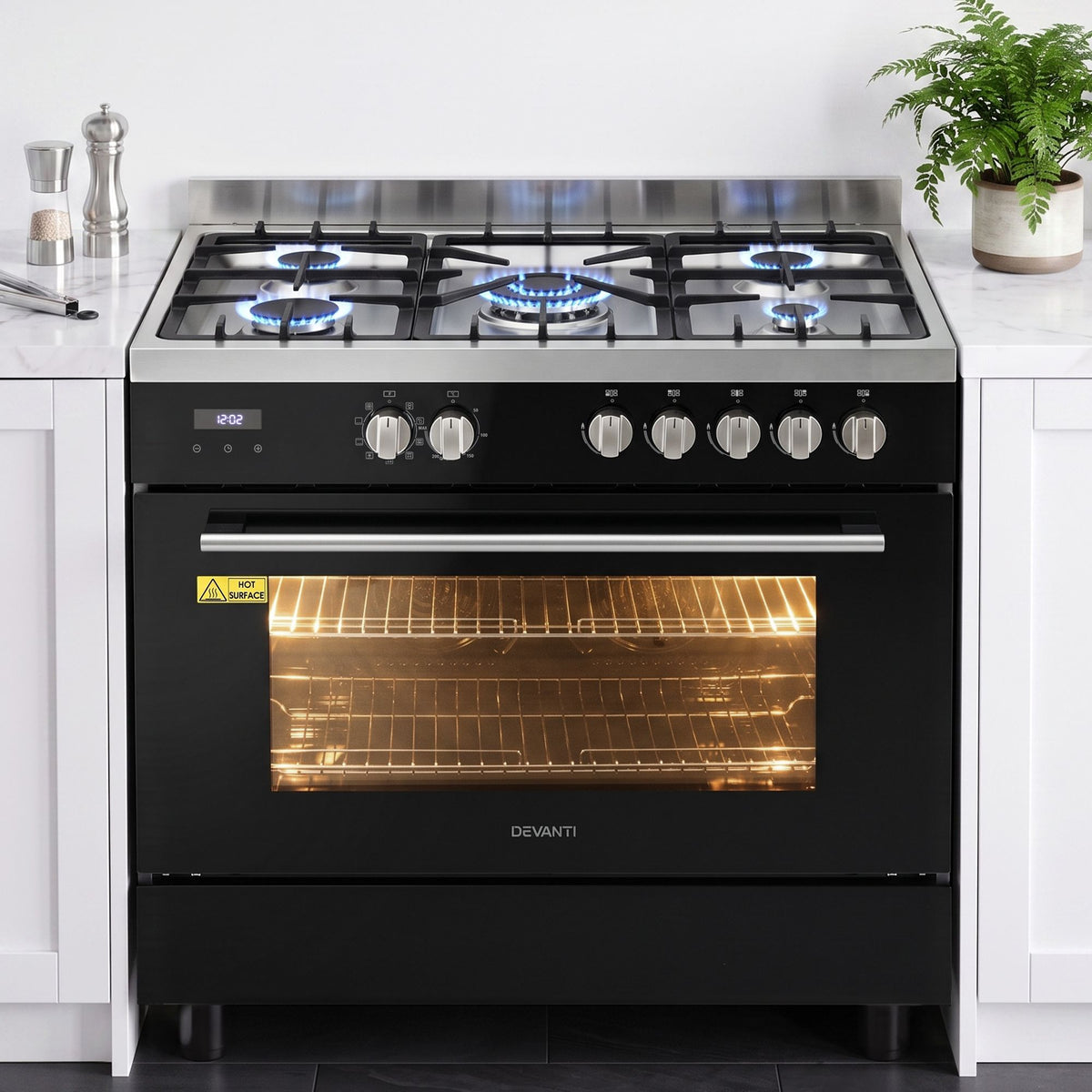 Devanti 90cm Dual Fuel Cooker Gas Cooktop Electric Oven 5 Burner-Appliances > Kitchen Appliances > Cooktops &amp; Stoves-PEROZ Accessories