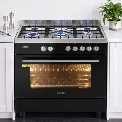 Devanti 90cm Dual Fuel Cooker Gas Cooktop Electric Oven 5 Burner-Appliances > Kitchen Appliances > Cooktops &amp; Stoves-PEROZ Accessories