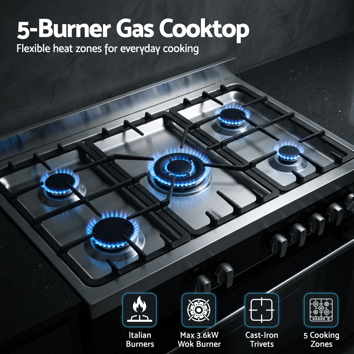 Devanti 90cm Dual Fuel Cooker Gas Cooktop Electric Oven 5 Burner-Appliances > Kitchen Appliances > Cooktops &amp; Stoves-PEROZ Accessories