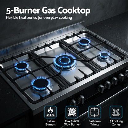 Devanti 90cm Dual Fuel Cooker Gas Cooktop Electric Oven 5 Burner-Appliances > Kitchen Appliances > Cooktops &amp; Stoves-PEROZ Accessories
