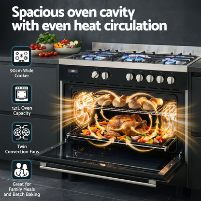 Devanti 90cm Dual Fuel Cooker Gas Cooktop Electric Oven 5 Burner-Appliances > Kitchen Appliances > Cooktops &amp; Stoves-PEROZ Accessories