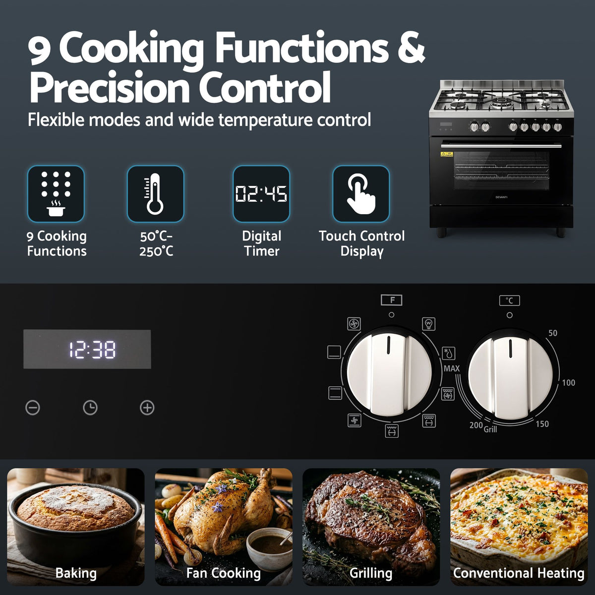 Devanti 90cm Dual Fuel Cooker Gas Cooktop Electric Oven 5 Burner-Appliances > Kitchen Appliances > Cooktops &amp; Stoves-PEROZ Accessories