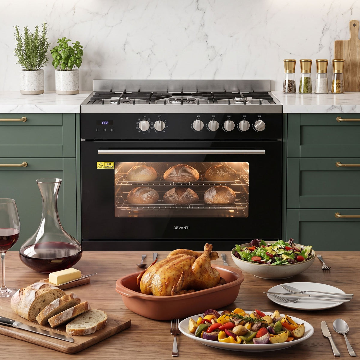 Devanti 90cm Dual Fuel Cooker Gas Cooktop Electric Oven 5 Burner-Appliances > Kitchen Appliances > Cooktops &amp; Stoves-PEROZ Accessories