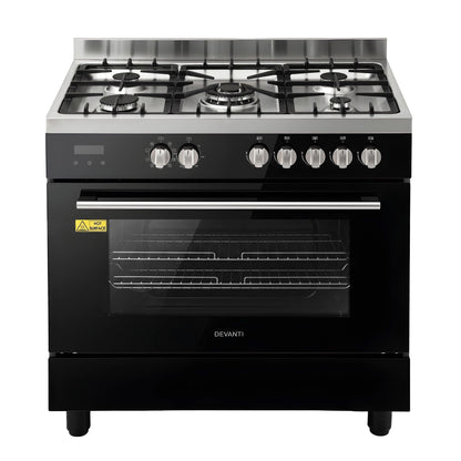 Devanti 90cm Dual Fuel Cooker Gas Cooktop Electric Oven 5 Burner-Appliances > Kitchen Appliances > Cooktops &amp; Stoves-PEROZ Accessories