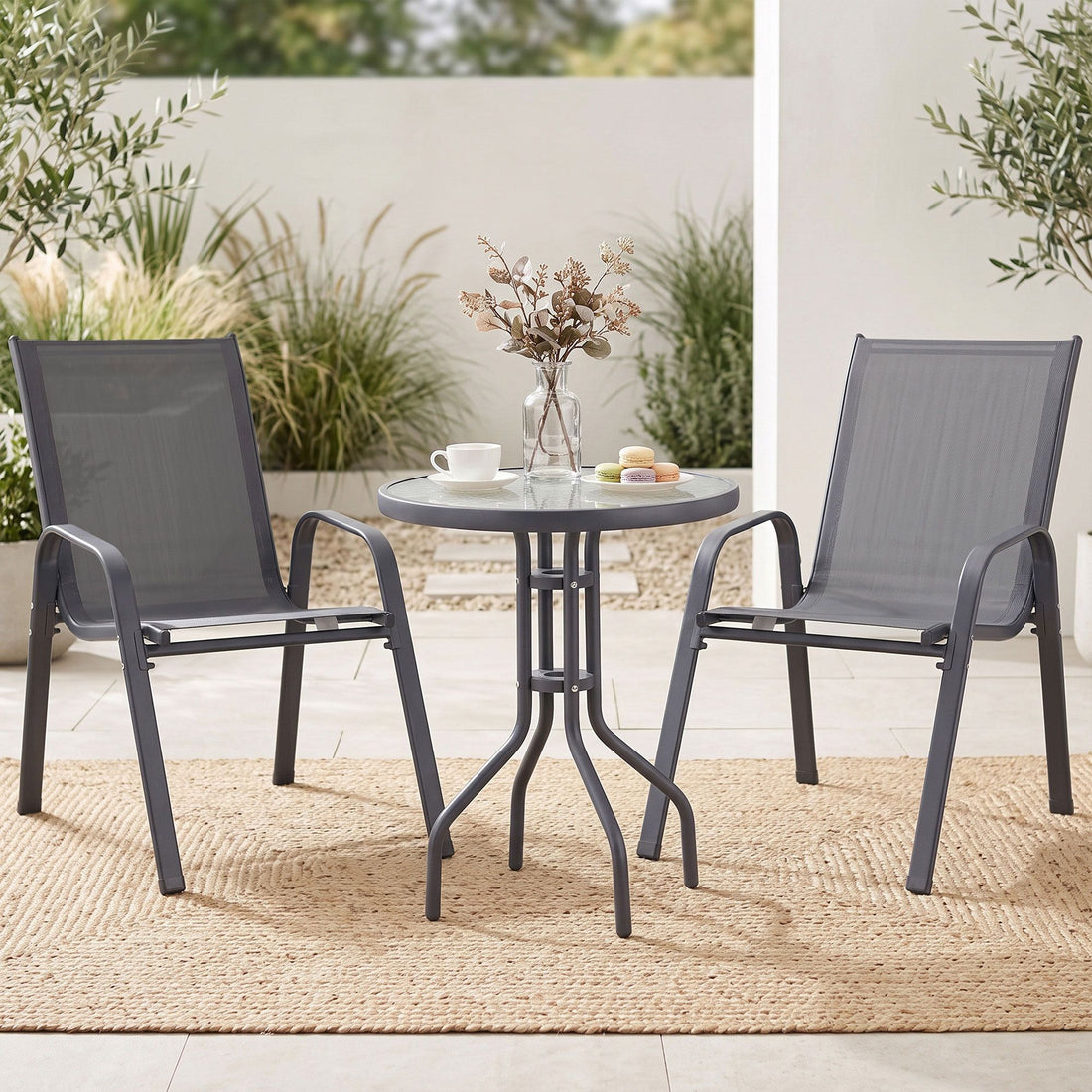 Gardeon 3PC Outdoor Bistro Set Table and Chairs Stackable Patio Furniture Grey-Furniture > Outdoor > Outdoor Dining Sets-PEROZ Accessories