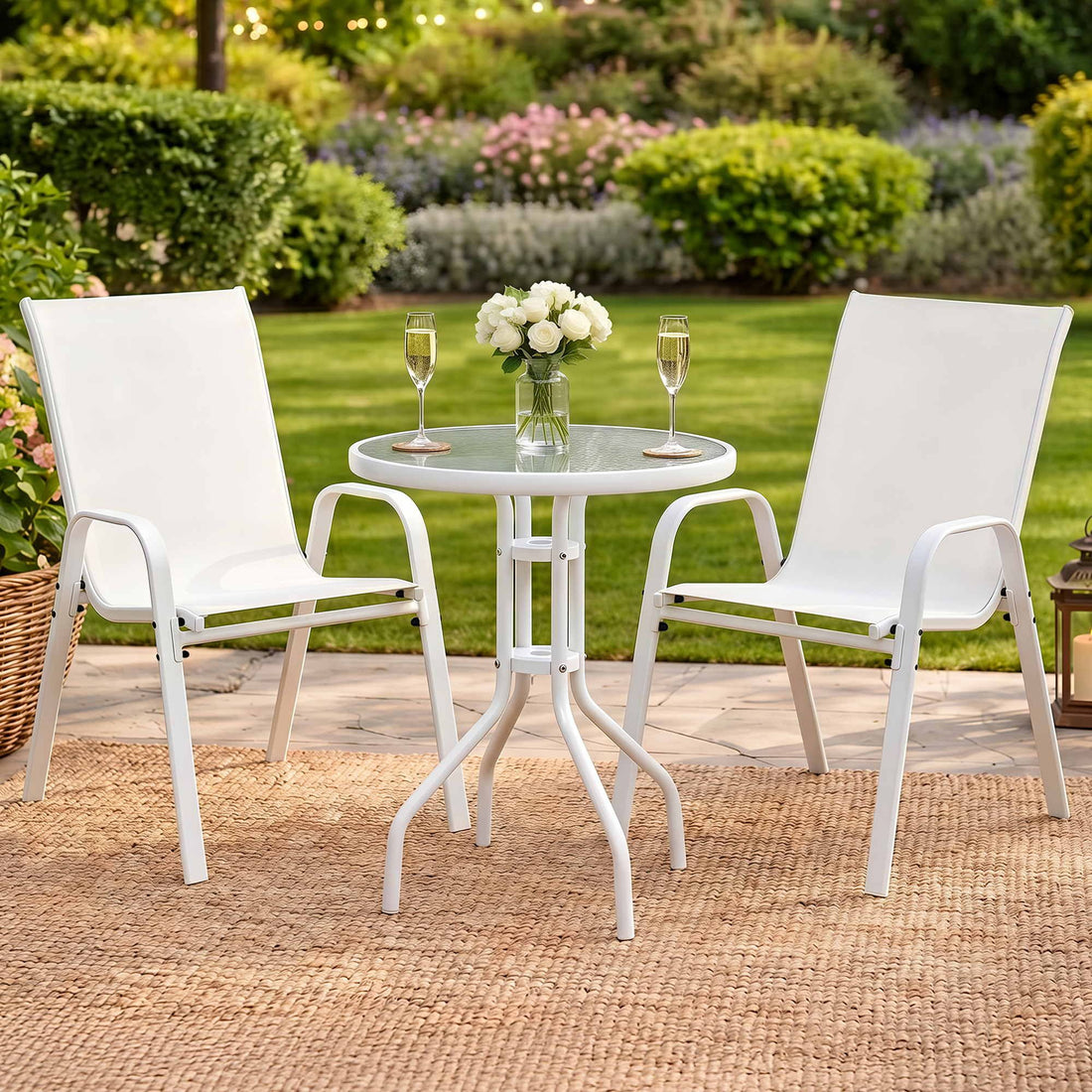 Gardeon 3PC Outdoor Bistro Set Table and Chairs Stackable Patio Furniture White-Furniture > Outdoor > Outdoor Dining Sets-PEROZ Accessories