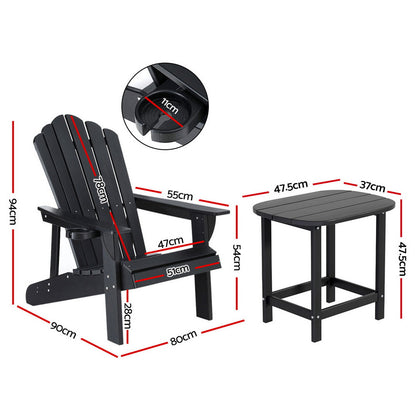Gardeon Outdoor Table and Chairs HDPE Adirondack Beach Chair Sun Lounge Patio Furniture Garden Black-Furniture &gt; Outdoor &gt; Outdoor Chairs-PEROZ Accessories