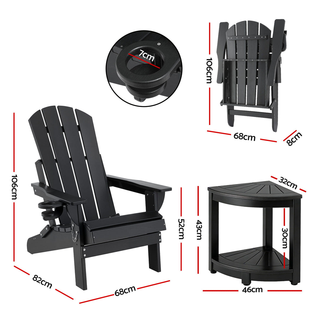 Gardeon Outdoor Table and Chairs HDPE Folding Adirondack Beach Chair Patio Furniture Black-Furniture > Outdoor > Outdoor Chairs-PEROZ Accessories