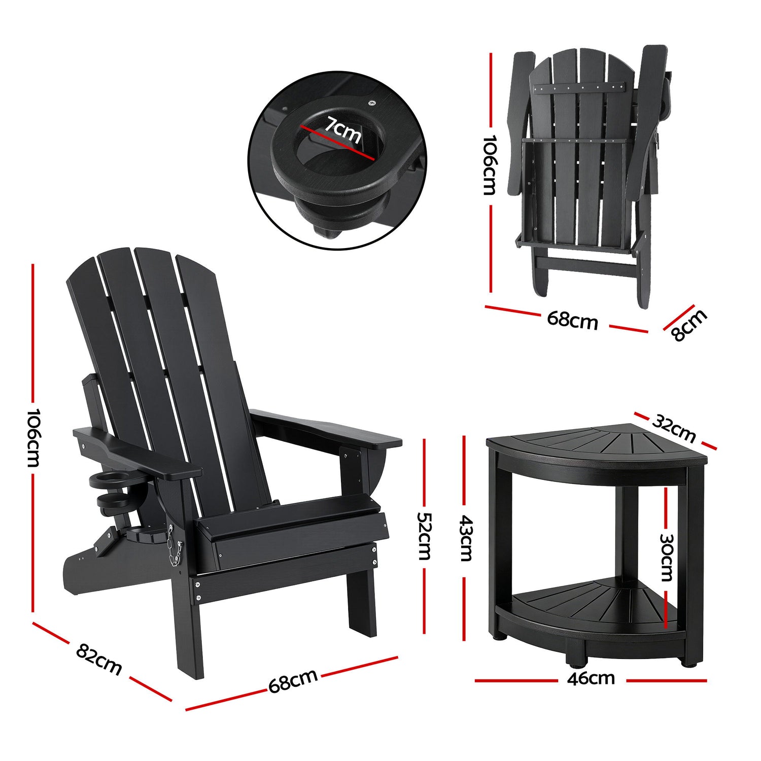 Gardeon Outdoor Table and Chairs HDPE Folding Adirondack Beach Chair Patio Furniture Black-Furniture > Outdoor > Outdoor Chairs-PEROZ Accessories
