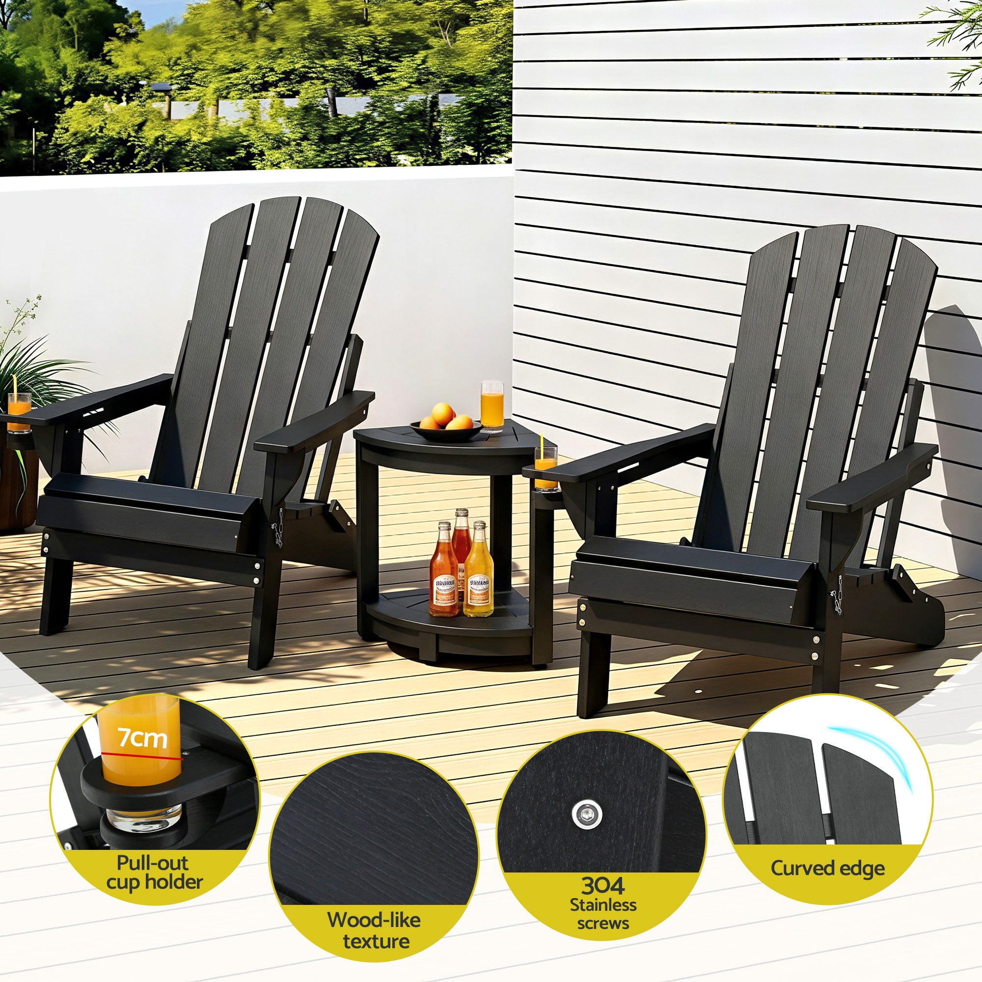 Gardeon Outdoor Table and Chairs HDPE Folding Adirondack Beach Chair Patio Furniture Black-Furniture > Outdoor > Outdoor Chairs-PEROZ Accessories