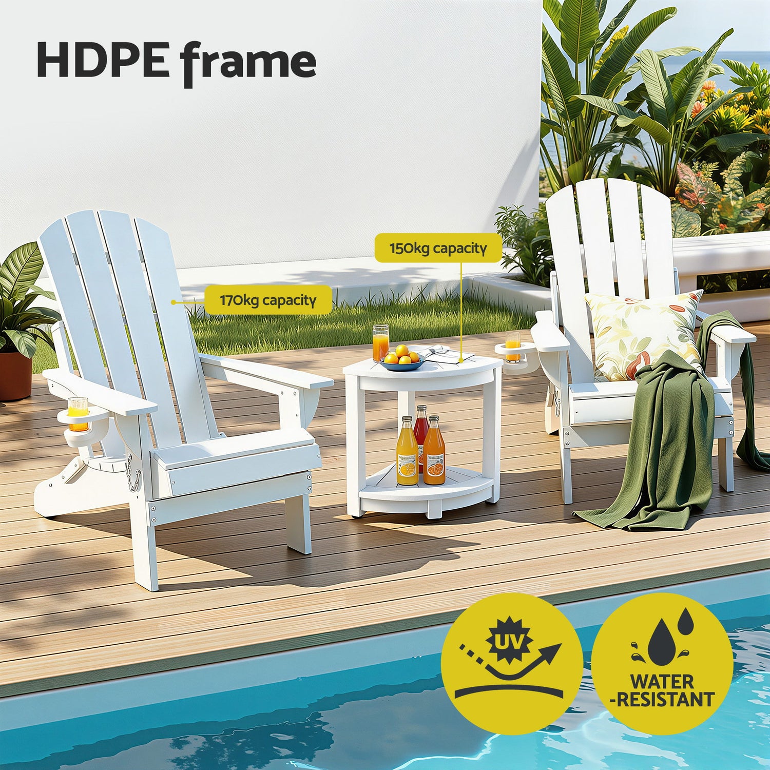 Gardeon Outdoor Table and Chairs HDPE Folding Adirondack Beach Chair Patio Furniture White-Furniture > Outdoor > Outdoor Chairs-PEROZ Accessories