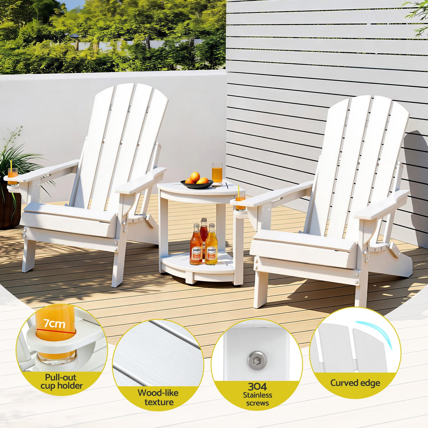 Gardeon Outdoor Table and Chairs HDPE Folding Adirondack Beach Chair Patio Furniture White-Furniture > Outdoor > Outdoor Chairs-PEROZ Accessories