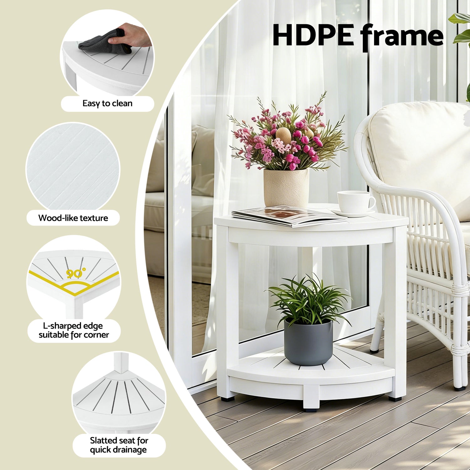 Gardeon Outdoor Coffee Side Table HDPE Desk Corner Shower Stool Bench Seat with Storage Shelf White-Furniture > Living Room > Side Tables-PEROZ Accessories
