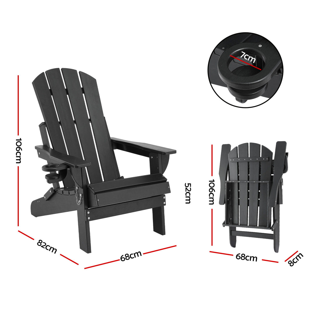 Gardeon Outdoor Chairs Folding Adirondack Beach Chair HDPE Sun Lounge Patio Furniture Garden Black-Furniture > Outdoor > Outdoor Chairs-PEROZ Accessories