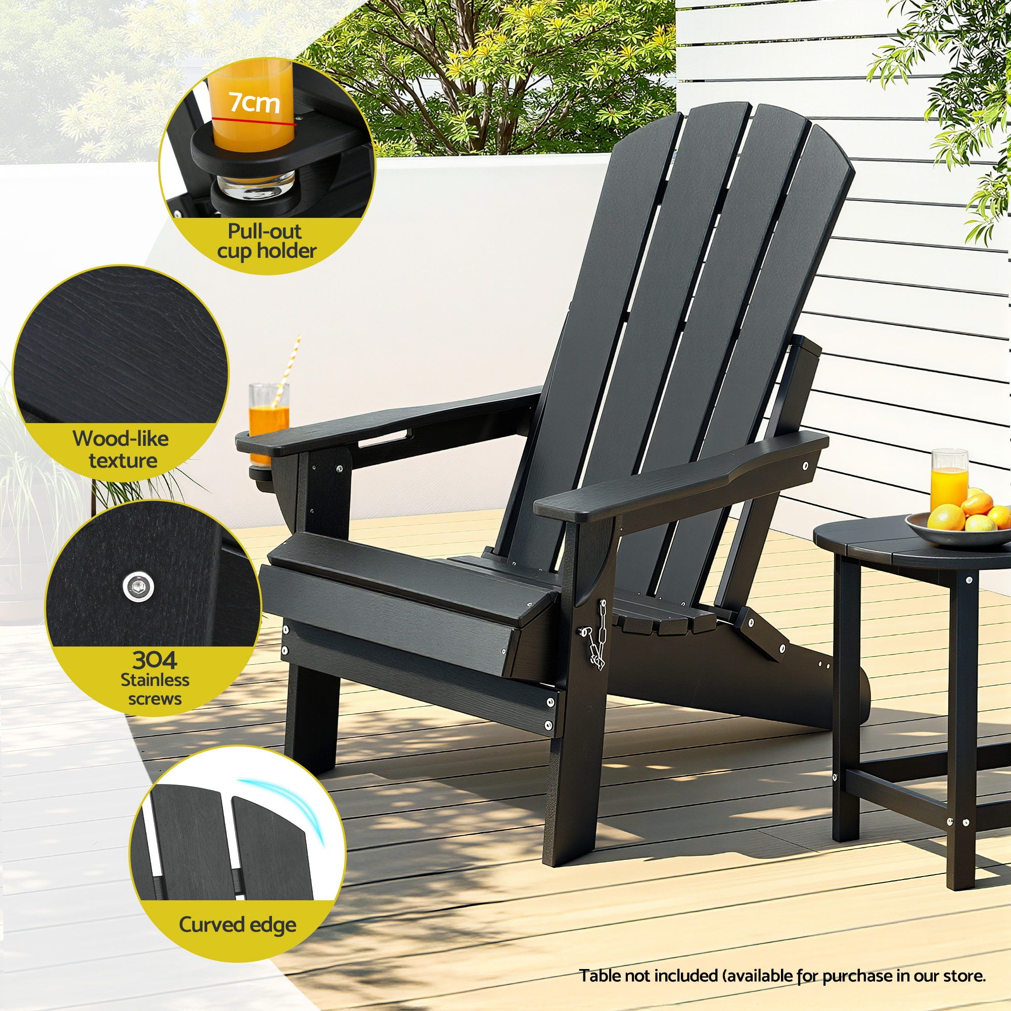 Gardeon Outdoor Chairs Folding Adirondack Beach Chair HDPE Sun Lounge Patio Furniture Garden Black-Furniture > Outdoor > Outdoor Chairs-PEROZ Accessories