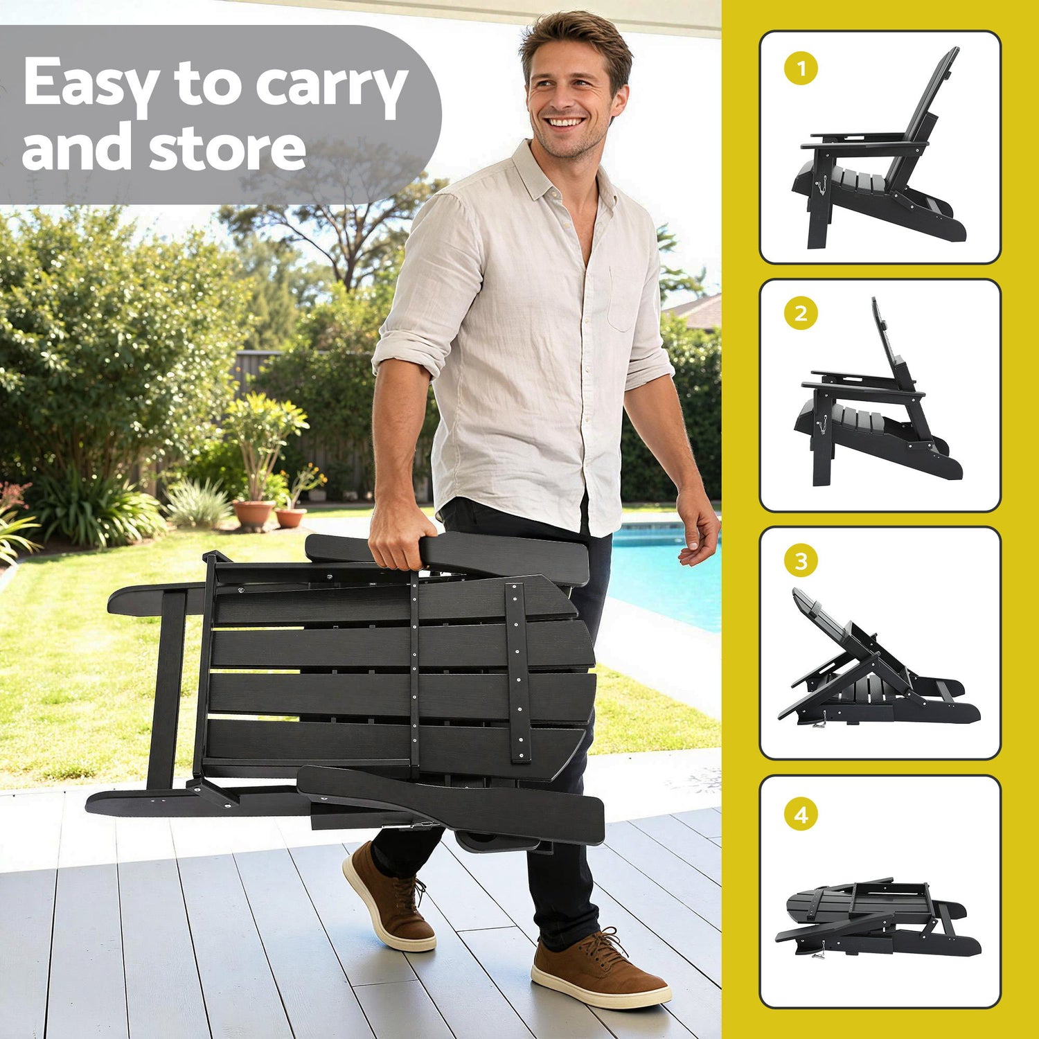 Gardeon Outdoor Chairs Folding Adirondack Beach Chair HDPE Sun Lounge Patio Furniture Garden Black-Furniture > Outdoor > Outdoor Chairs-PEROZ Accessories