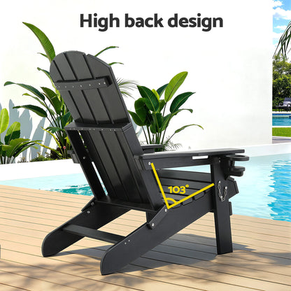 Gardeon Outdoor Chairs Folding Adirondack Beach Chair HDPE Sun Lounge Patio Furniture Garden Black-Furniture > Outdoor > Outdoor Chairs-PEROZ Accessories