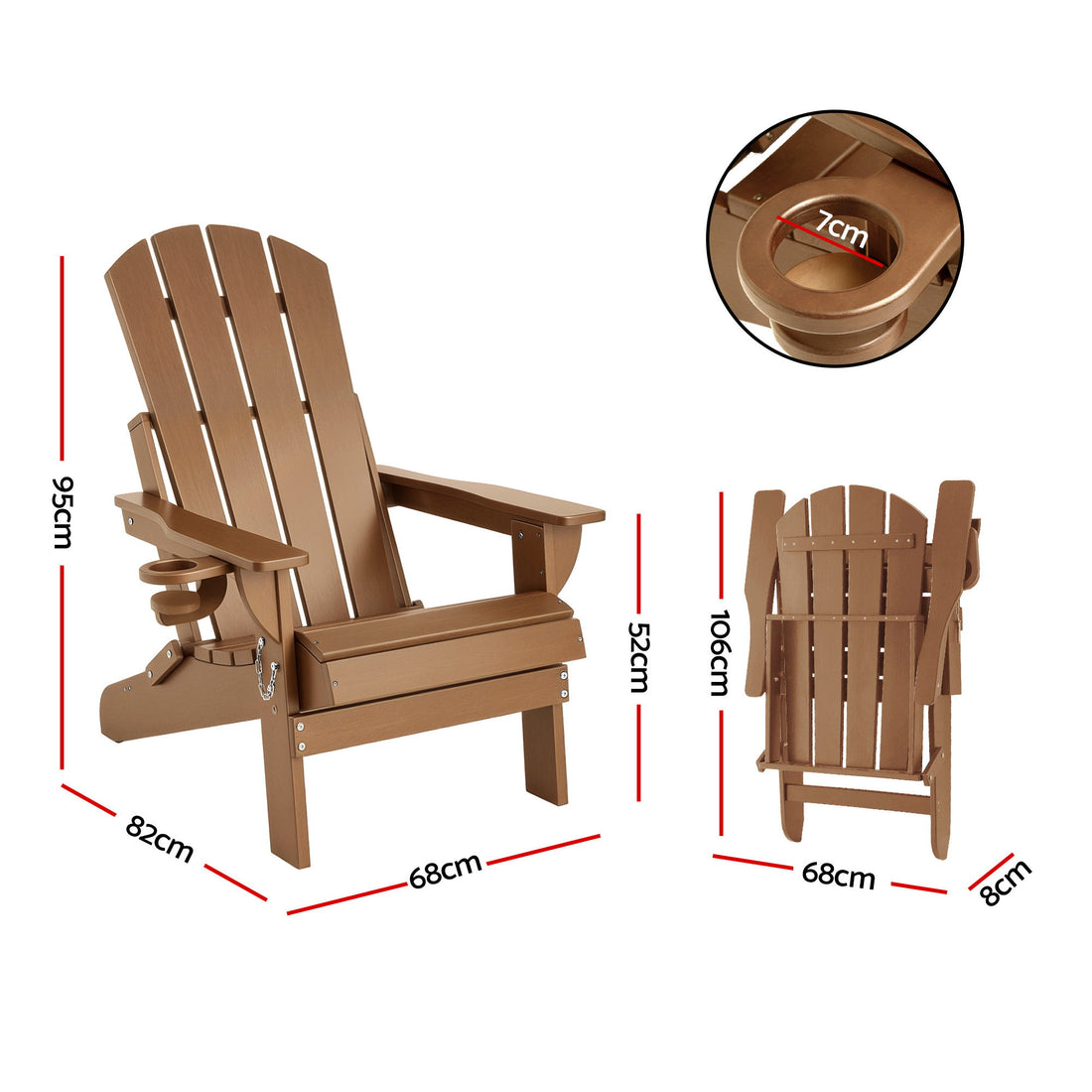 Gardeon Outdoor Chairs Folding Adirondack Beach Chair HDPE Sun Lounge Patio Furniture Garden Brown-Furniture > Outdoor > Outdoor Chairs-PEROZ Accessories