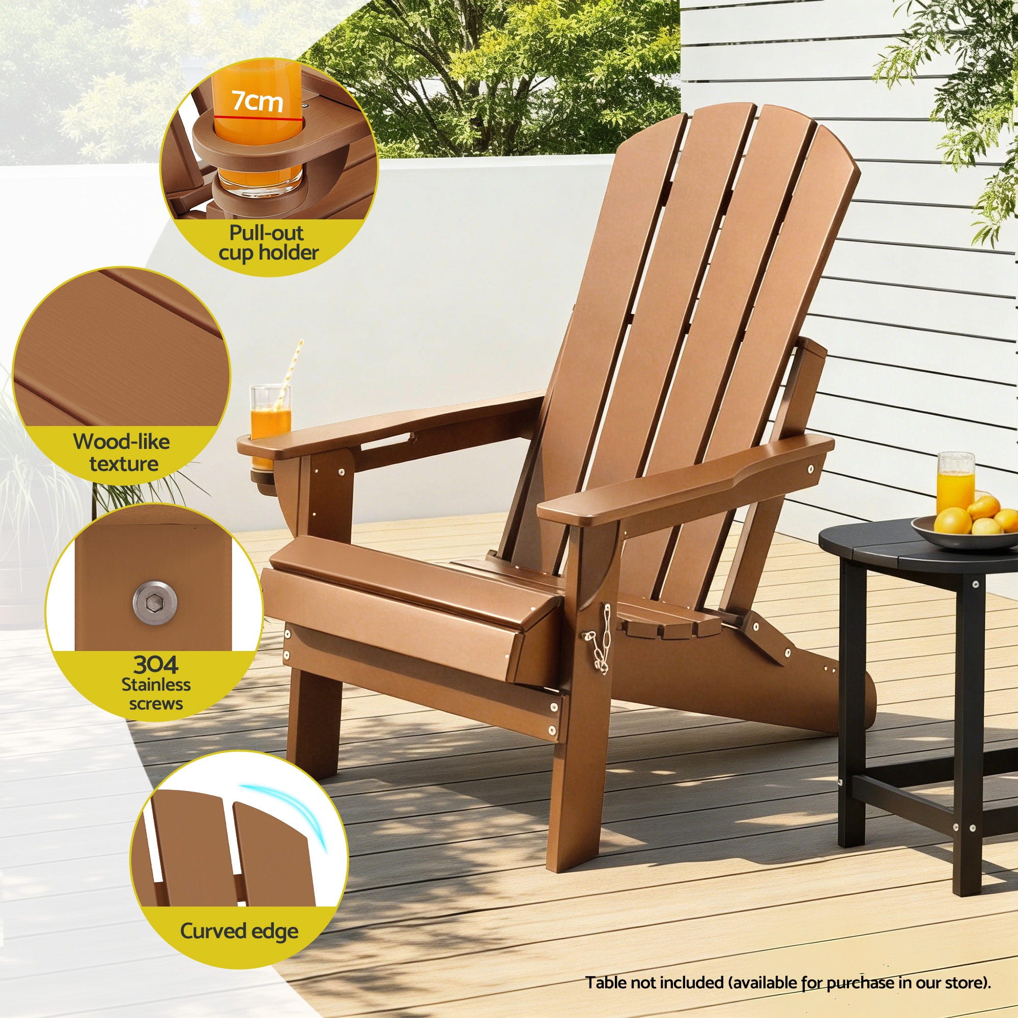 Gardeon Outdoor Chairs Folding Adirondack Beach Chair HDPE Sun Lounge Patio Furniture Garden Brown-Furniture > Outdoor > Outdoor Chairs-PEROZ Accessories
