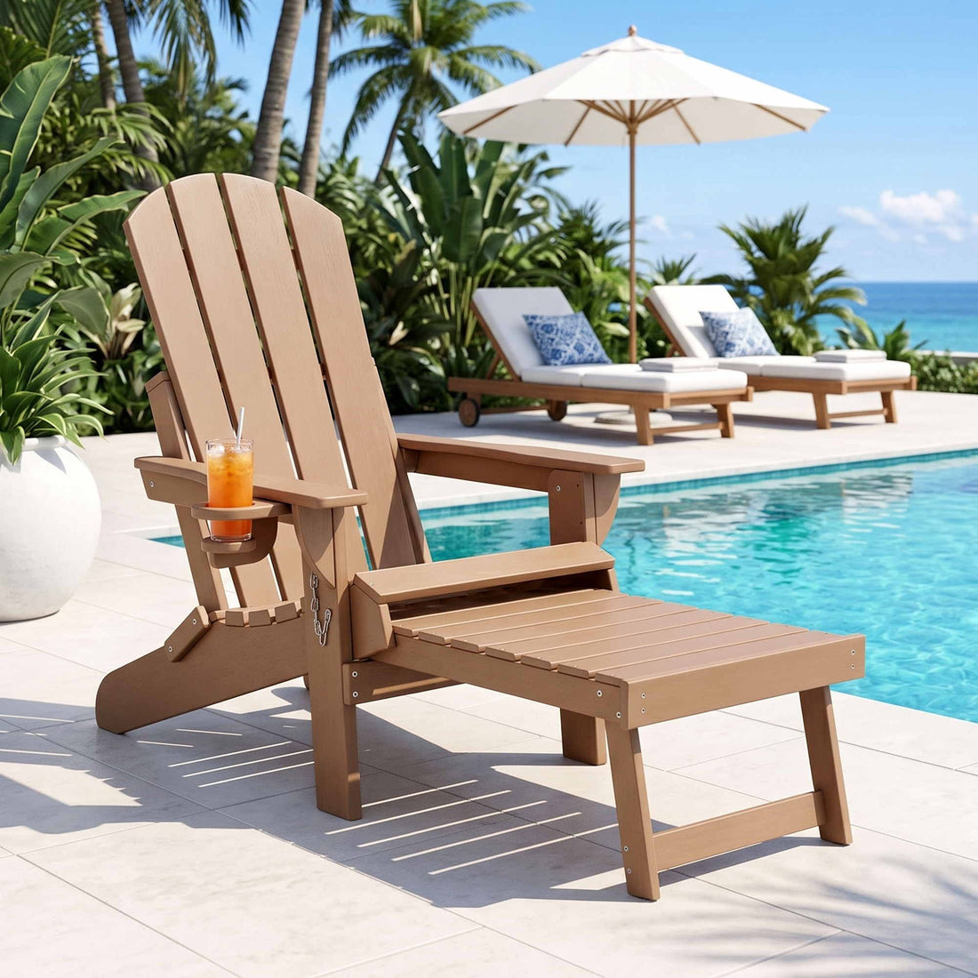 Gardeon Folding Sun Lounger Adirondack Chair Outdoor Lounge Setting HDPE Recliner Footrest Khaki-Furniture > Outdoor > Outdoor Chairs-PEROZ Accessories