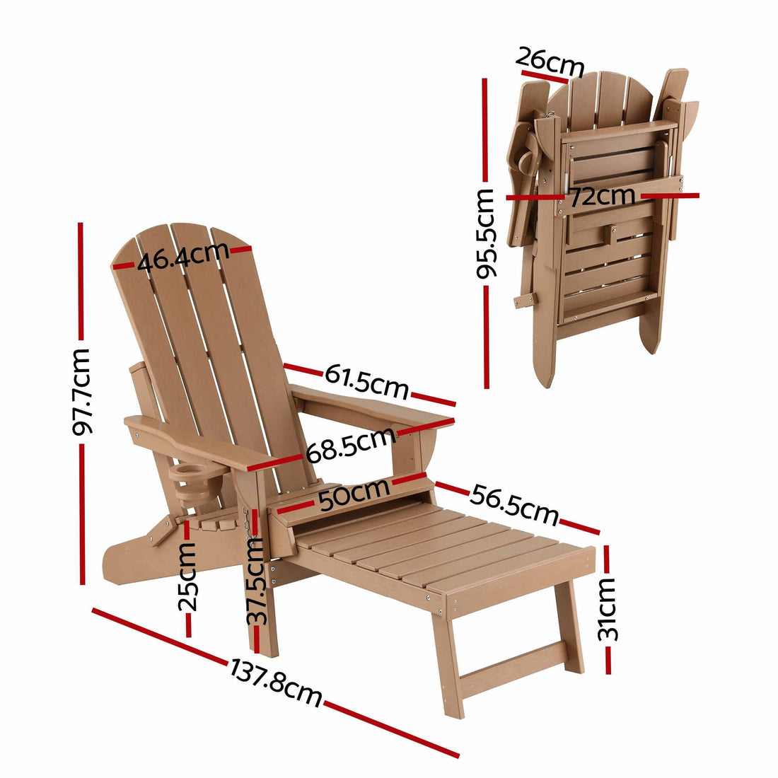 Gardeon Folding Sun Lounger Adirondack Chair Outdoor Lounge Setting HDPE Recliner Footrest Khaki-Furniture > Outdoor > Outdoor Chairs-PEROZ Accessories