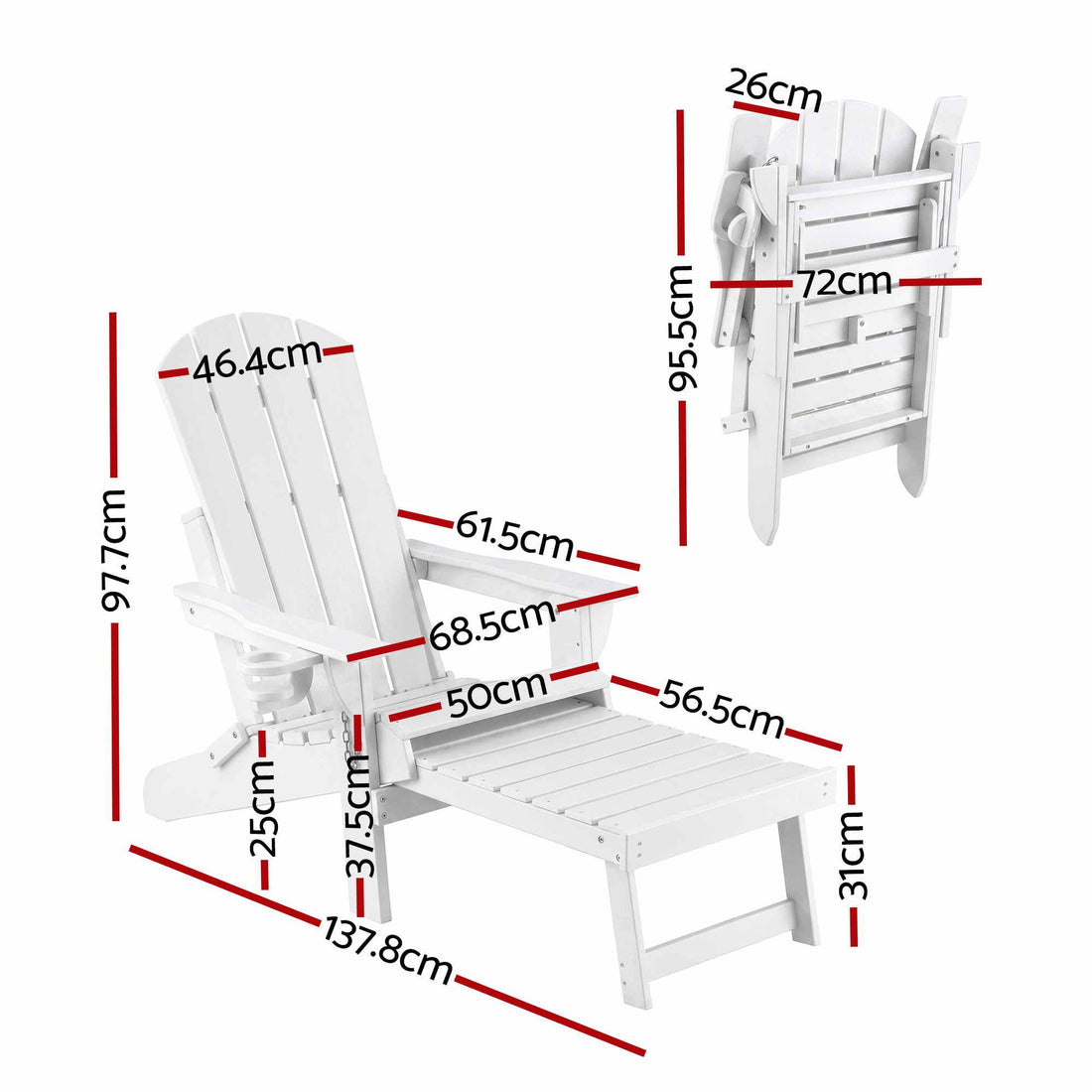 Gardeon Folding Sun Lounger Adirondack Chair Outdoor Lounge Setting HDPE Recliner Footrest White-Furniture > Outdoor > Outdoor Chairs-PEROZ Accessories