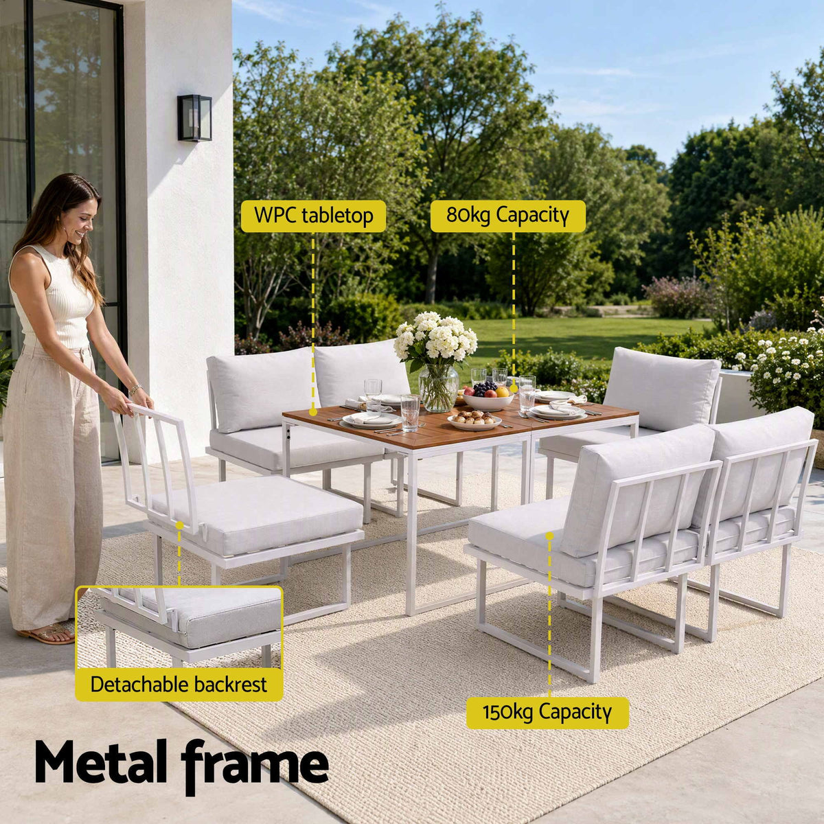 Gardeon 6 Seater Outdoor Dining Sofa Set Steel Frame Cushions White-Furniture > Outdoor > Outdoor Dining Sets-PEROZ Accessories
