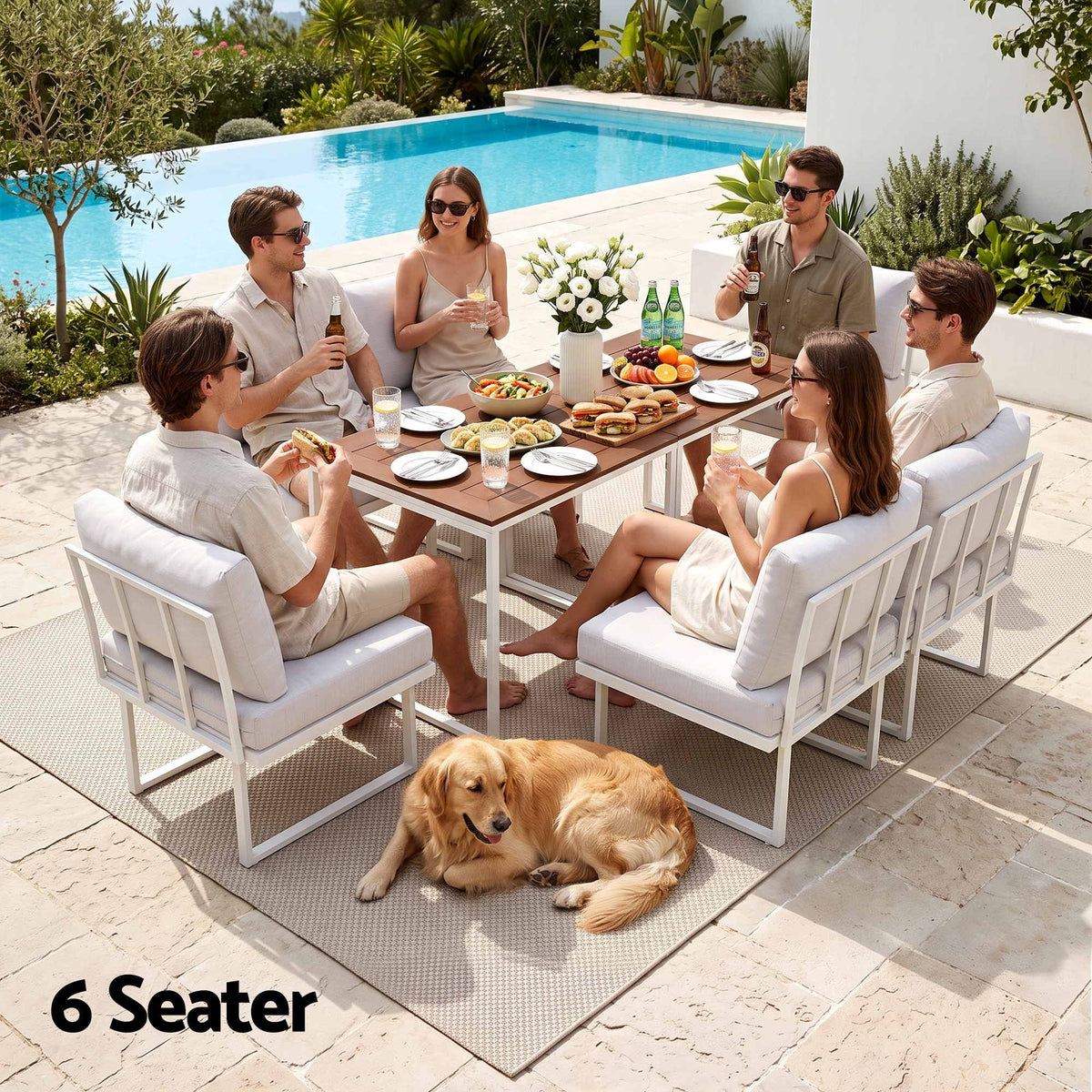 Gardeon 6 Seater Outdoor Dining Sofa Set Steel Frame Cushions White-Furniture > Outdoor > Outdoor Dining Sets-PEROZ Accessories