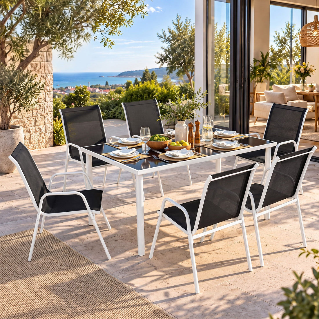 Gardeon 7 Piece Outdoor Dining Set Steel Textilene Patio Furniture Table and Chairs Black-Furniture > Outdoor > Outdoor Dining Sets-PEROZ Accessories
