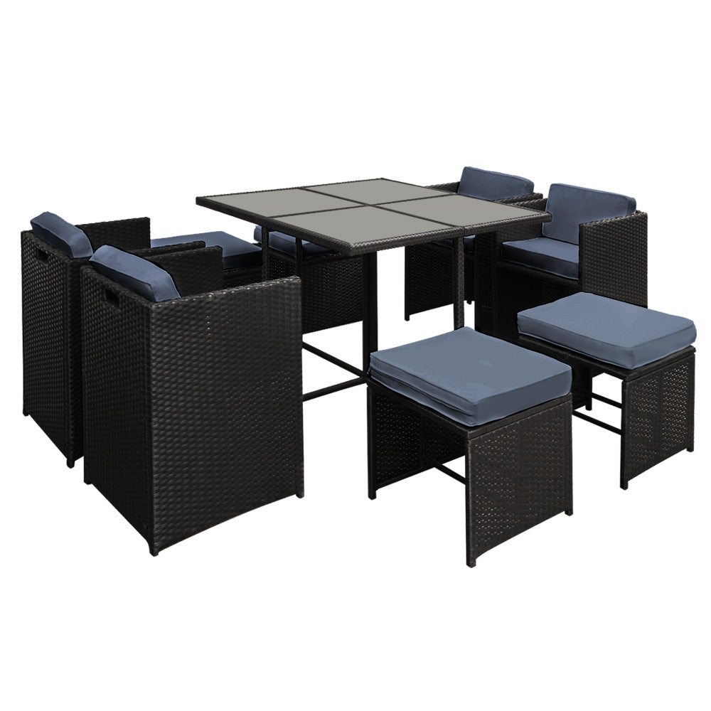 Gardeon Outdoor Dining Set 9 Piece Wicker Table Chairs Setting Black-Outdoor Dining Sets-PEROZ Accessories