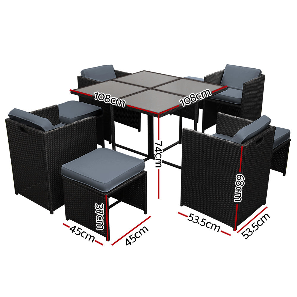 Gardeon Outdoor Dining Set 9 Piece Wicker Table Chairs Setting Black-Outdoor Dining Sets-PEROZ Accessories