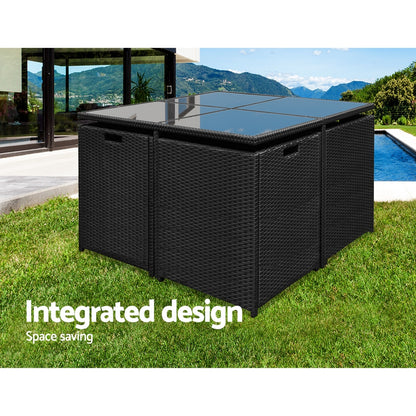 Gardeon Outdoor Dining Set 9 Piece Wicker Table Chairs Setting Black-Outdoor Dining Sets-PEROZ Accessories