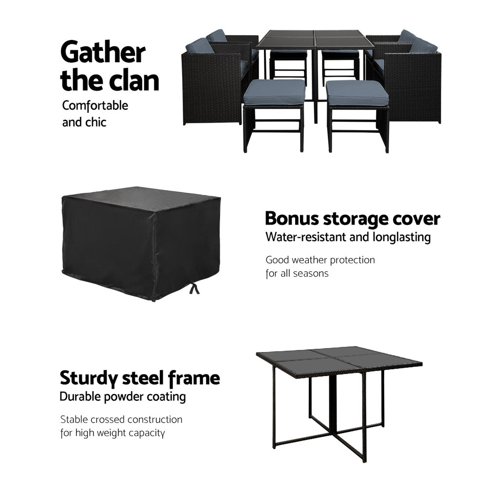 Gardeon Outdoor Dining Set 9 Piece Wicker Table Chairs Setting Black-Outdoor Dining Sets-PEROZ Accessories