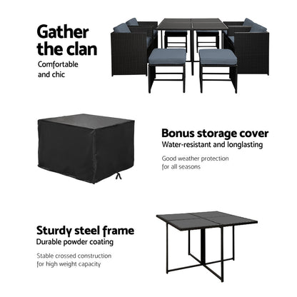 Gardeon Outdoor Dining Set 9 Piece Wicker Table Chairs Setting Black-Outdoor Dining Sets-PEROZ Accessories