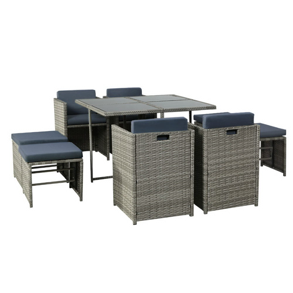 Gardeon Outdoor Dining Set 9 Piece Wicker Table Chairs Setting Grey-Outdoor Dining Sets-PEROZ Accessories