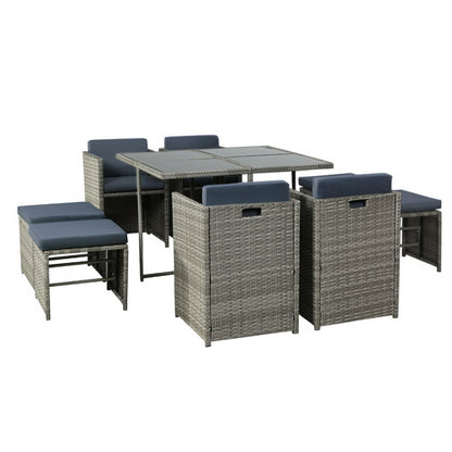 Gardeon Outdoor Dining Set 9 Piece Wicker Table Chairs Setting Grey-Outdoor Dining Sets-PEROZ Accessories
