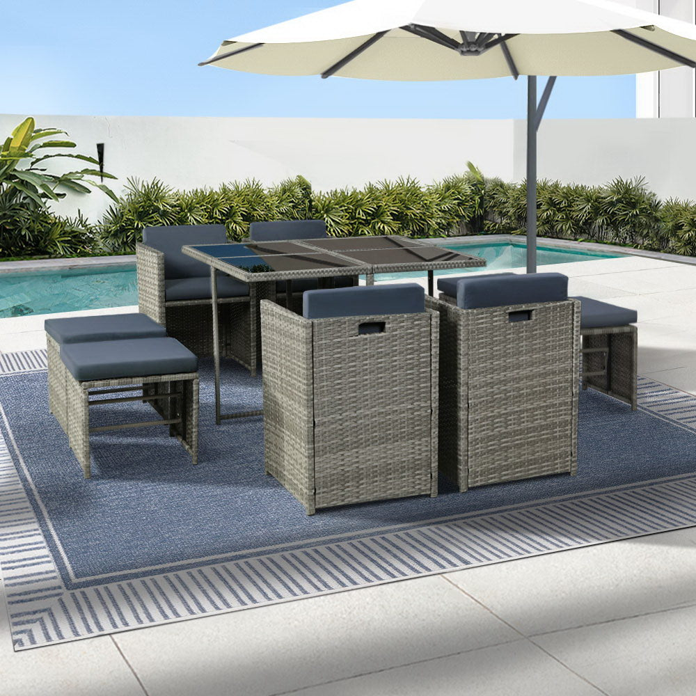 Gardeon Outdoor Dining Set 9 Piece Wicker Table Chairs Setting Grey-Outdoor Dining Sets-PEROZ Accessories