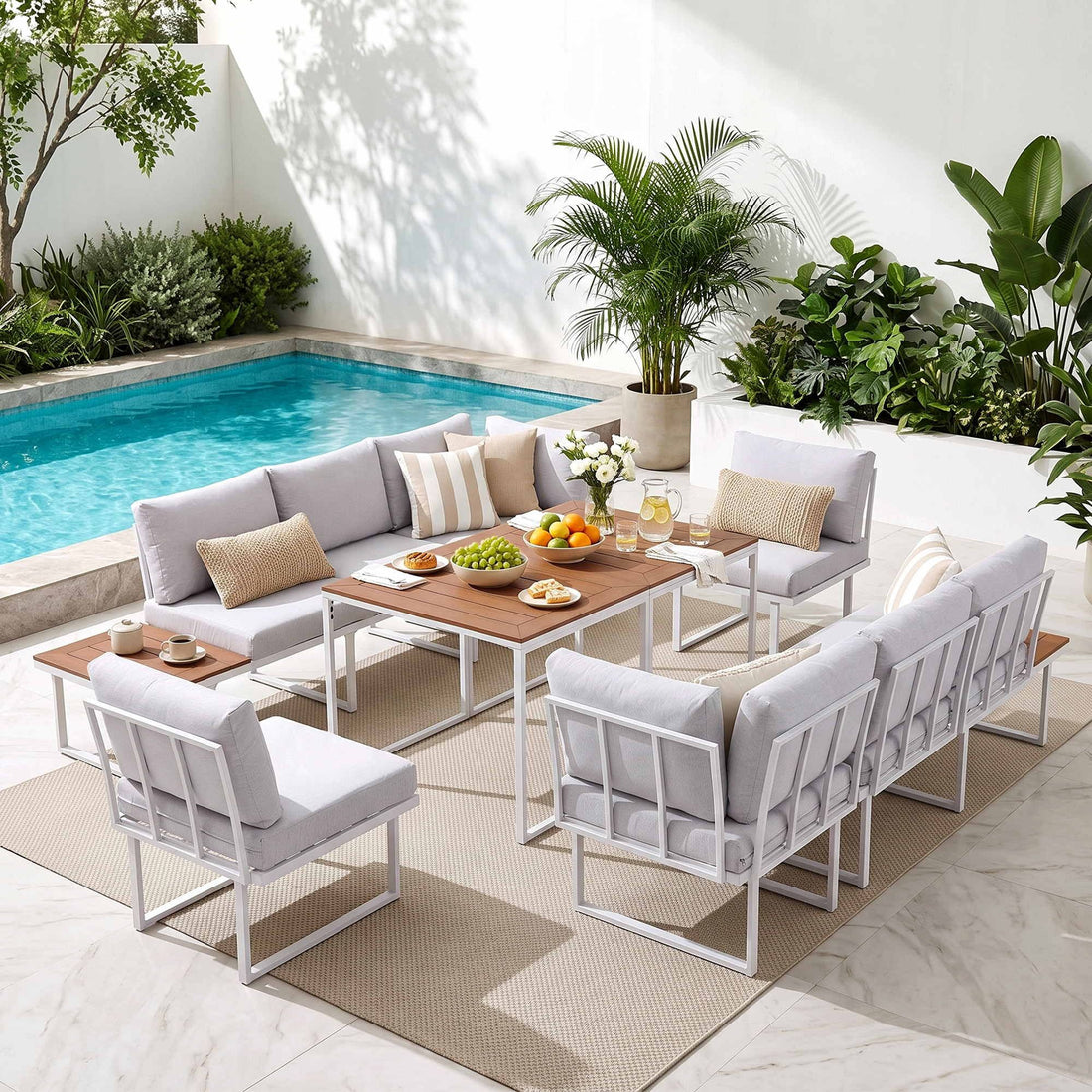 Gardeon 8 Seater Outdoor Dining Sofa Set with WPC Side Tables Patio Furniture White-Furniture > Outdoor > Outdoor Dining Sets-PEROZ Accessories