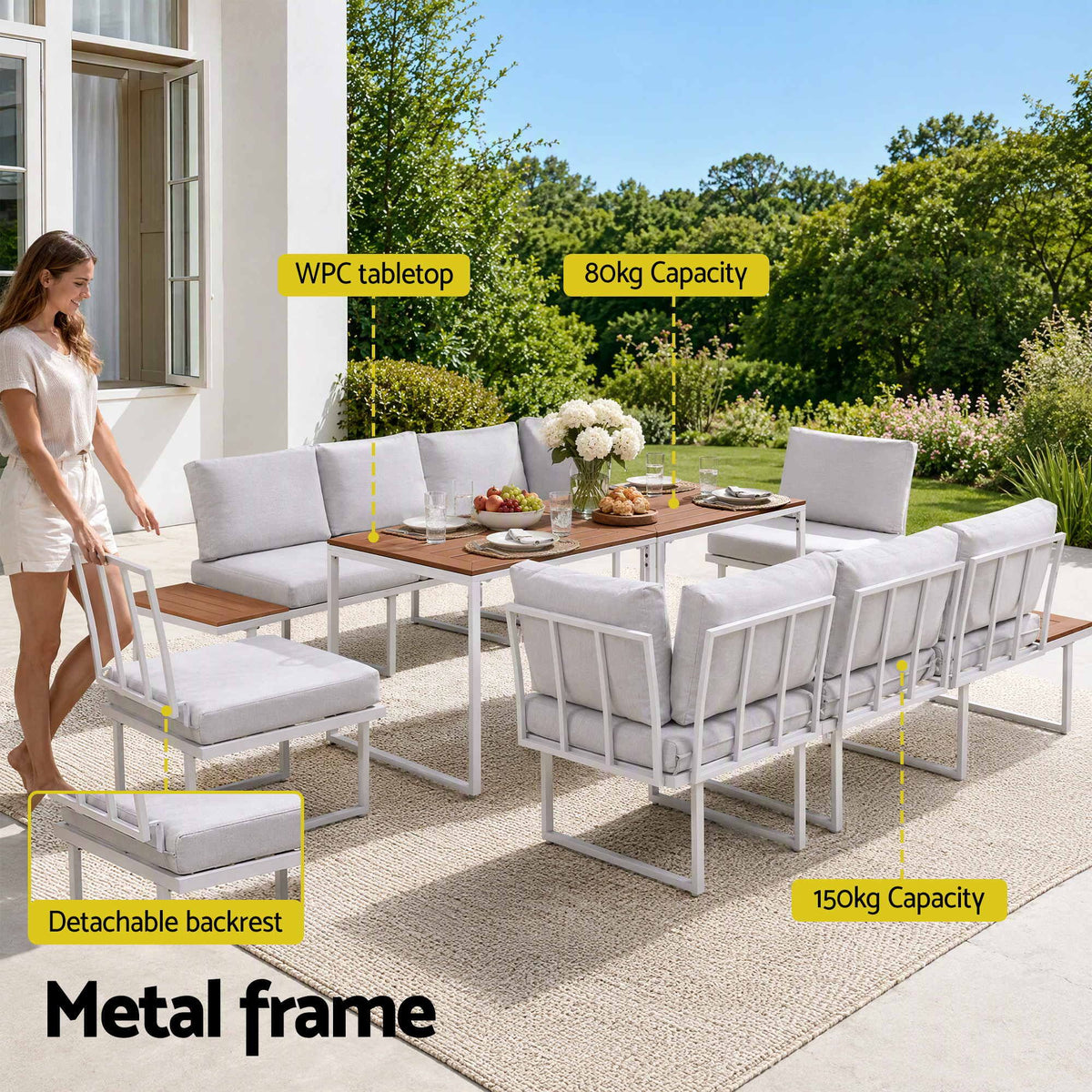 Gardeon 8 Seater Outdoor Dining Sofa Set with WPC Side Tables Patio Furniture White