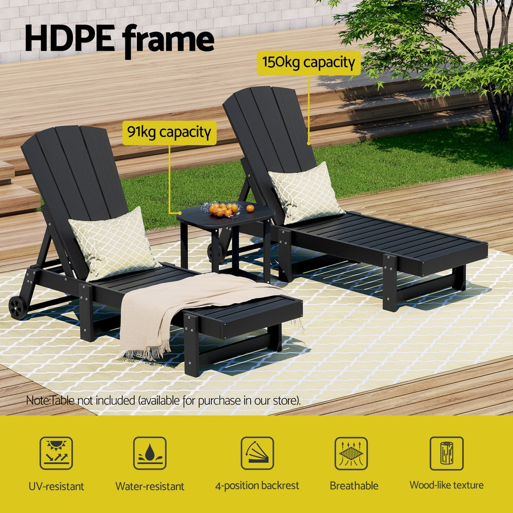 Gardeon Sun Lounge Lounger Table and Chairs Beach Chair HDPE Patio Outdoor Furniture Wheels Black-Furniture &gt; Outdoor &gt; Outdoor Chairs-PEROZ Accessories