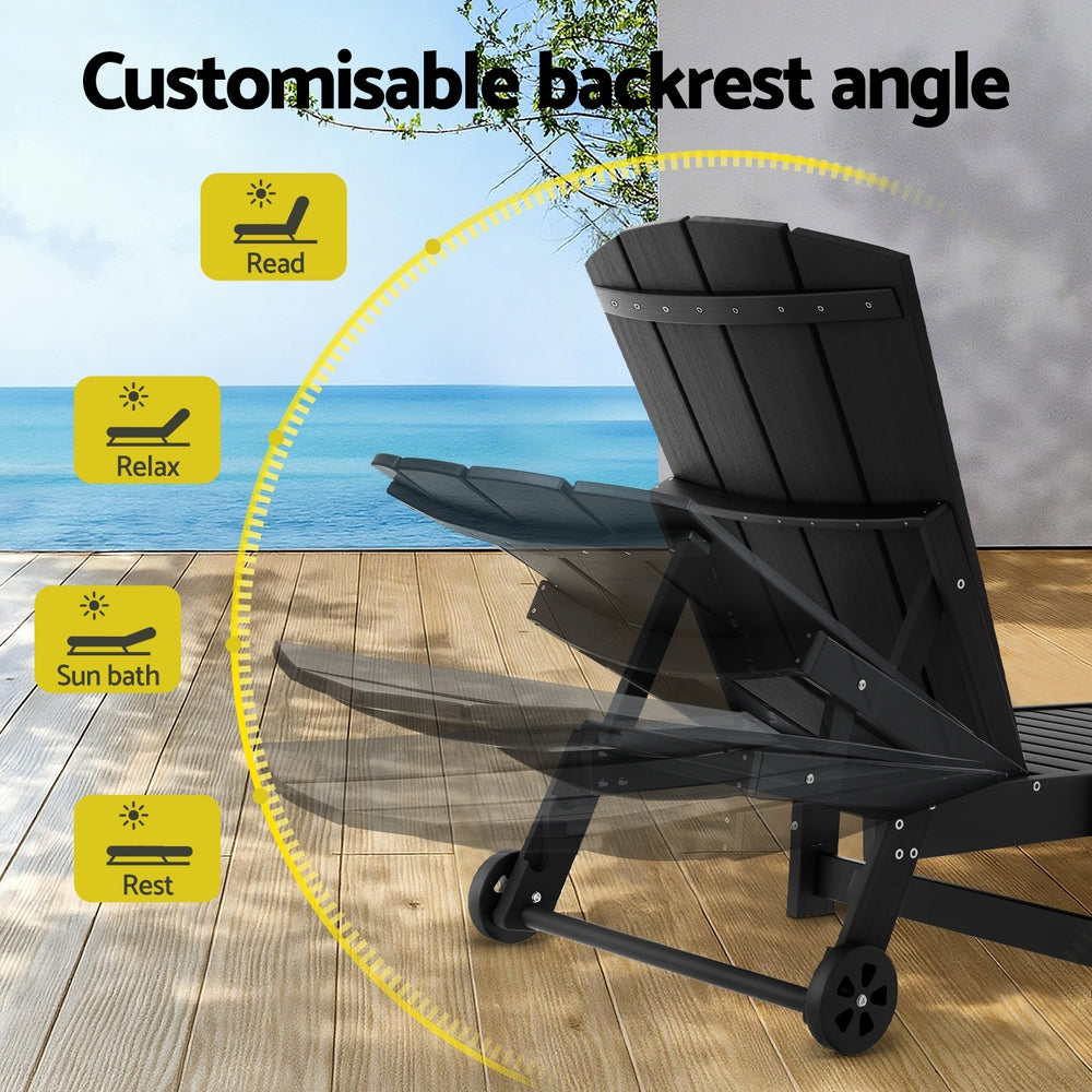Gardeon Sun Lounge Lounger Table and Chairs Beach Chair HDPE Patio Outdoor Furniture Wheels Black-Furniture &gt; Outdoor &gt; Outdoor Chairs-PEROZ Accessories