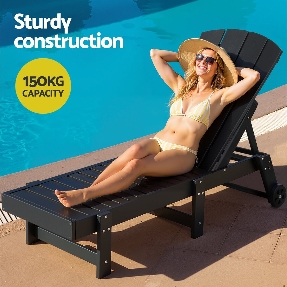 Gardeon Sun Lounge Lounger Table and Chairs Beach Chair HDPE Patio Outdoor Furniture Wheels Black-Furniture &gt; Outdoor &gt; Outdoor Chairs-PEROZ Accessories