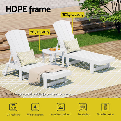 Gardeon Sun Lounge Lounger Table and Chairs Beach Chair Adirondack HDPE Patio Outdoor Furniture Wheels White-Furniture &gt; Outdoor &gt; Outdoor Chairs-PEROZ Accessories