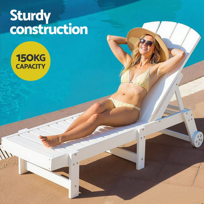 Gardeon Sun Lounge Lounger Table and Chairs Beach Chair Adirondack HDPE Patio Outdoor Furniture Wheels White-Furniture &gt; Outdoor &gt; Outdoor Chairs-PEROZ Accessories