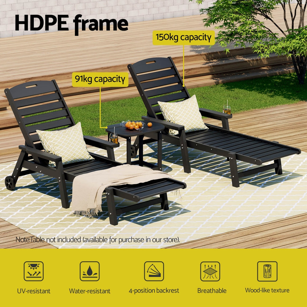 Gardeon Sun Lounge Lounger Beach Chair HDPE Patio Outdoor Furniture with Wheels Black-Furniture &gt; Outdoor &gt; Outdoor Chairs-PEROZ Accessories