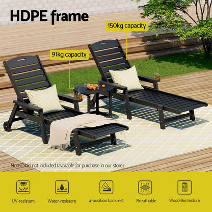 Gardeon Sun Lounge Lounger Beach Chair HDPE Patio Outdoor Furniture with Wheels Black-Furniture &gt; Outdoor &gt; Outdoor Chairs-PEROZ Accessories